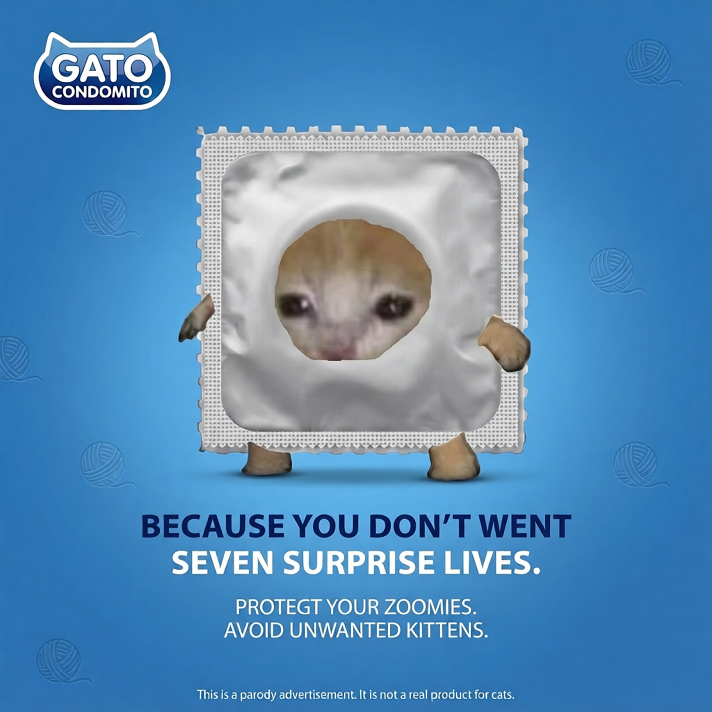 Parody advert: Crying Condom Cat with the slogan 'Because you don't went seven surprise lives'