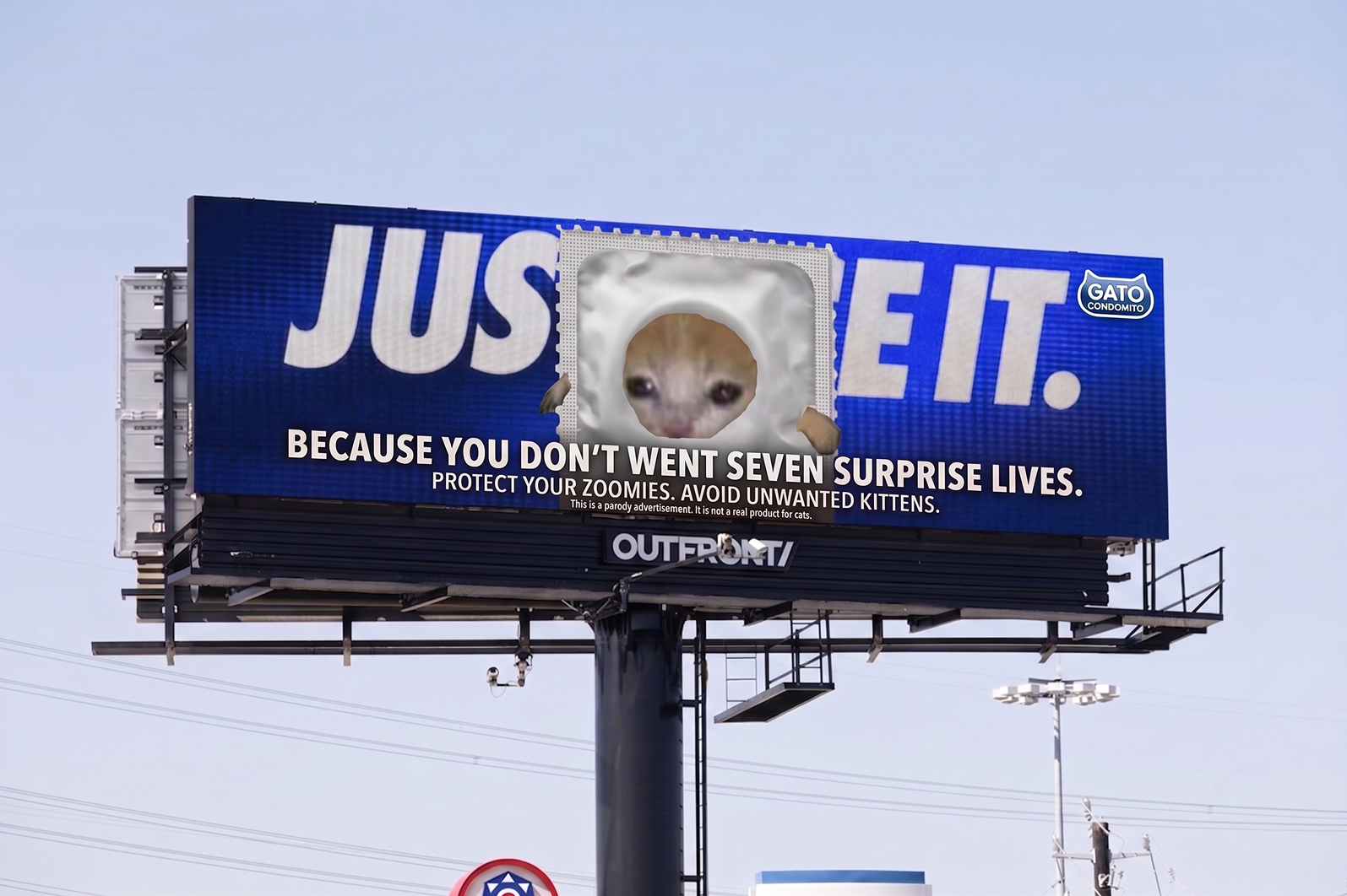 Billboard parody of the 'Just Do It' slogan featuring Crying Condom Cat